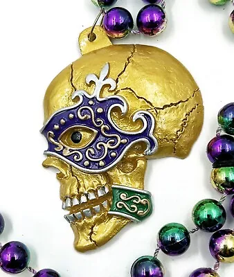 Golden Skull Mardi Gras Bead Necklace Day Of The Dead Mask Masked Skull • $5.95