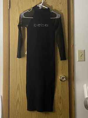 BEBE LOGO BLACK MIDI DRESS SEXY BODYCON MESH SEAMLESS SWAROVSKI SiZE S • $55