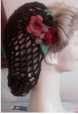 £16 • Buy Chocolate Brown Snood Crochet 1940s Hair Net Flower Vintage Style Accessory
