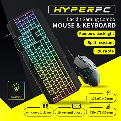 Wired Gaming Keyboard Mouse Combo LED Rainbow Backlit 1600 DPI USB For PC Laptop • $32.65