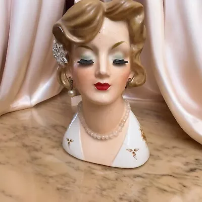 Vintage Lady Head Vase Planter Nippon Japan Red Clover Pearl Earrings Necklace • $69.99