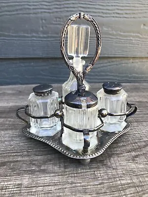 Antique Victorian EPNS Silver Plate Cut Glass Condiment Caddy Cruet Set England • $52.52