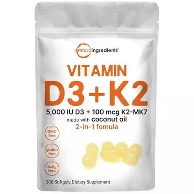Vitamin D3 5000 Iu Plus K2 (MK-7) 100 Mcg 300 Virgin Coconut Oil Softgel • $34.36