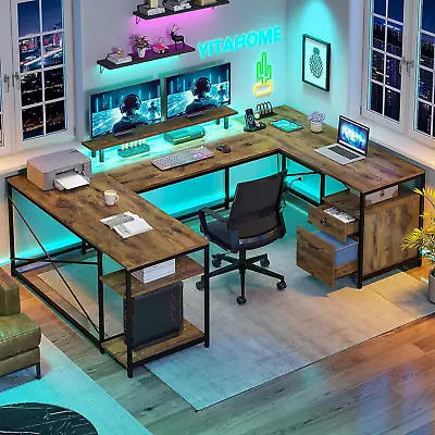 YITAHOME U Shaped Desk L Shaped Desk With Power Outlets & LED Lights Computer • $246.97