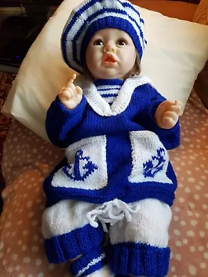 Hand Knitted Boys Sailor Suit With Shorts Beret And Boots Fo Fit 0/3mths Baby.  • £14.50