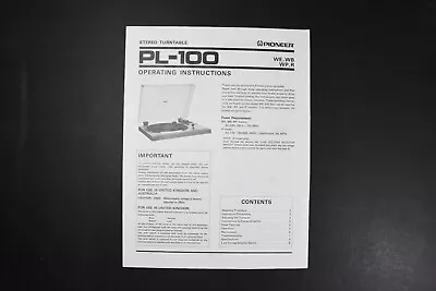 Pioneer PL-100 Stereo Turntable Operating Manual - Genuine Original • $16.99