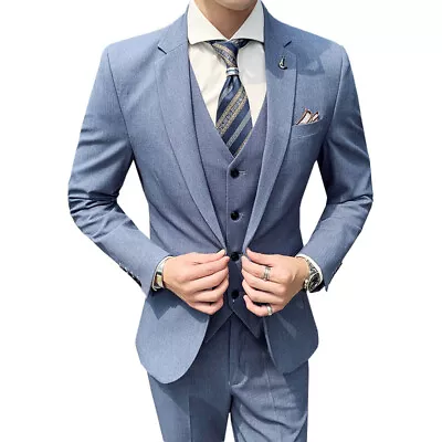 Korean Mens Blazers Slim Fit One Button Bridegroom 3pcs Suits Vest Pants Coat XL • $109.19