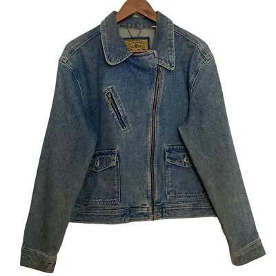 Vintage Jean Jacket Womens 14 90s Blue Moto Style Cropped Biker Jacket • $28.35