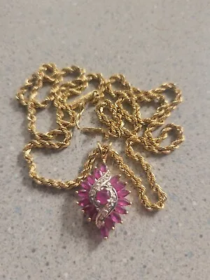 Vintage 10k Gold Pendant Necklace Diamonds & Ruby Cluster 1950's & 14k Rope 18  • $800