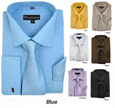 New Men's French Cuff Dress Shirt + Matching Tie +Handkerchief Spread Collar #27 • $18.99