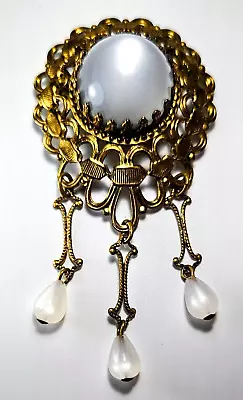 Vintage Unsigned Gold Tone Filigree Black Cabochon Faux Pearl Dangle Brooch • $14.95