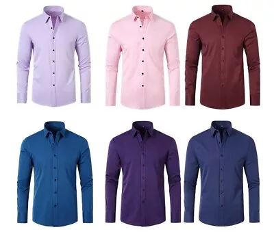 Men's Dress Shirts Formal Business Long Sleeves Slim Fit Elastic Casual Shirts • $17.06