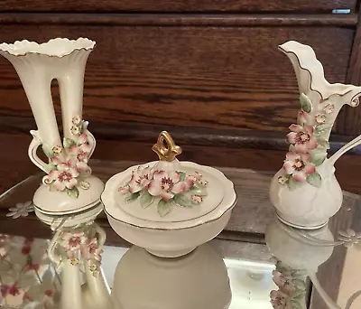 Ceramic 3 Pc. Floral Dresser/Vanity Set Hand Painted Vintage Japan • $19.50