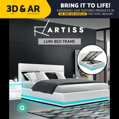 $406.67 • Buy Artiss RGB LED Bed Frame Queen Size Gas Lift Base Storage White Leather LUMI