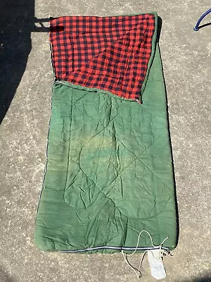 Vintage 50s 60s Green Red Flannel Plaid Coleman Camping Sleeping Bag Blanket • $39.94
