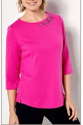 Quacker Factory Size 1X Fuchsia Multi-Sparkle 3/4 Sleeve Knit Top • $22.99