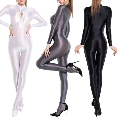 Womens Shiny Glossy Satin Footed Jumpsuit Wetlook Catsuit Zipper Crotch Bodysuit • £21.59
