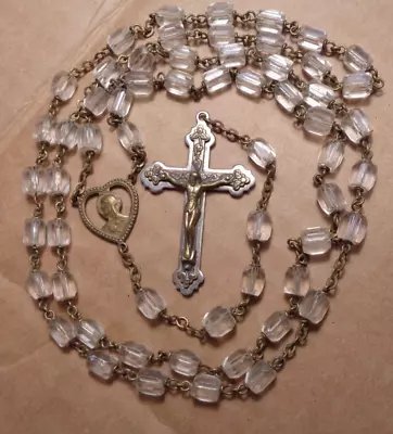 Vintage 23  Clear Glass Bead Catholic Rosary With Brass Center & Crucifix • $8.99