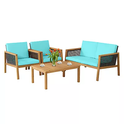 Patiojoy 4PCS Patio Rattan Furniture Set Acacia Wood Cushioned Sofa Turquoise • $439.95