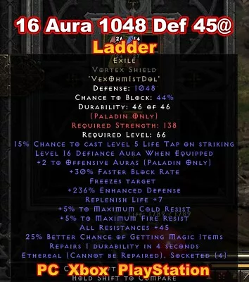 Exile 🔥 Ladder Ethereal Vortex Shield 45Res 16Aura Diablo 2 Resurrected D2R SC • $22.99