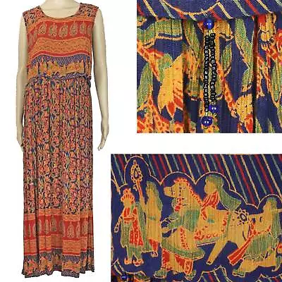 Vintage Rayon Maxi Dress Boho Festival Hippie India Print Glass Bead Tassels M • $49.58