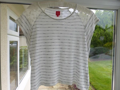 £6.99 • Buy Miss Captain MISS White & Blue Stripe Lace Inlay Top T-Shirt T1 UK 10/12