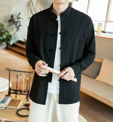 Spring Chinese Style Men Stand Collar Shirt Clothing Buckle Jacket Long Sleeve • $32.54