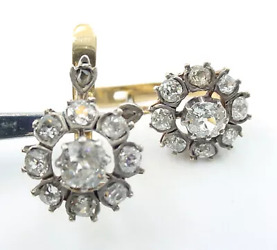 Antique Mine Cut Diamond Silver Top 18k Gold Halo Drop Earrings--1.50 Cts. • $1855