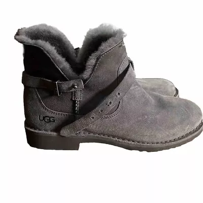 NEW Ugg Elisa Women Size 10 Charcoal Gray Sheepskin Suede Ankle Buckle Boots • $59.99