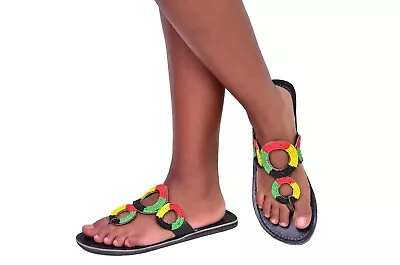 Beaded Women African Slippers Sandals Bohemian Summer Leather Masai Kenyan Rasta • $39.99