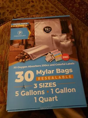 30 CT Premount 14 Mil Thick Mylar Bags Resealable 5 Gallons 1 Gallon 1 Quart • $17.99