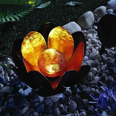 Lotus Flower Crackle Glass Solar Light Outdoor Garden Patio Border Path Decor • £14.95