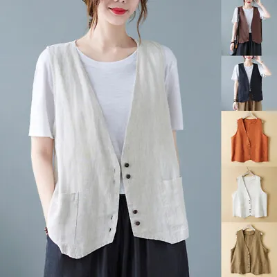 Women Cotton Linen Sleeveless Vest Coat Ladies Buttons Waistcoat Casual Tank Top • $16.99