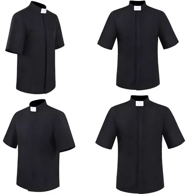 US Men's Priest Clergy Shirt Short Sleeves Stand Collar For Pastor Preacher Tops • $7.03