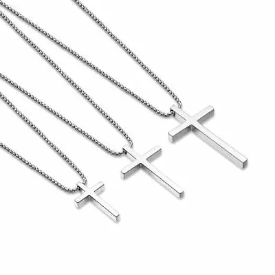$9.99 • Buy Silver Stainless Steel Cross Pendant Necklace For Men Women Box Chain 16 -24 