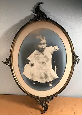 Vintage METAL OVAL PICTURE FRAME W/ Photo Beautiful Baby W Great Face 27  X 19  • $29.99