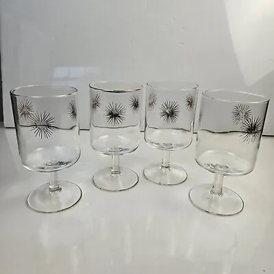 VTG Set Of 4 Atomic Starburst Gold  Wine Pedestal Glass Stemware 5 7/8 Tall MCM • $16.99