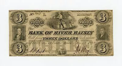 1844 $3 The Bank Of River Raisin - Monroe MICHIGAN Note • $98