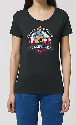 The Capital Of Country Nashville Ladies ORGANIC T-Shirt Western Guitar Music Eco • £8.95