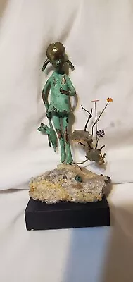 VTG MCM Malcolm Moran Bronze Girl Flowers Quartz Rock Sculpture (Signed) • $99.99