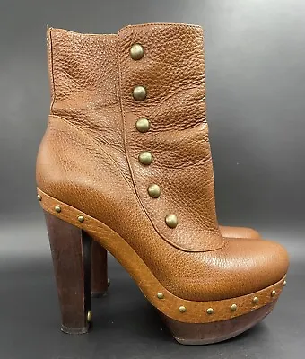 Ugg Womens Brown Pebbled Leather Studded Side Zip High Heel Boots Size 7 • $60