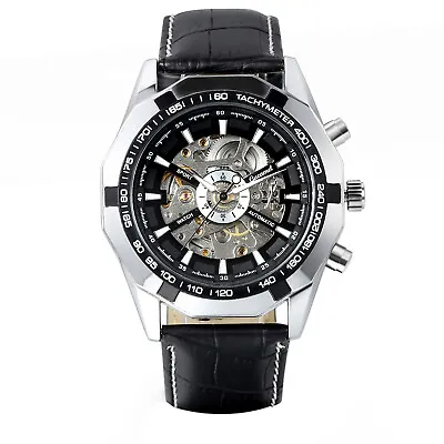 New Men's Boy Skeleton Auto Mechanical Watch Black Leather Band Wrist Watches • $25.99