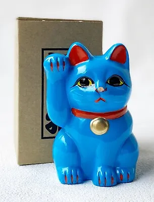 MANEKI NEKO Coinbank Japanese Lucky Cat TOKONAME Yaki Right Hand Up Blue Japan • $43.72