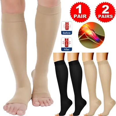 1-2 Pair Open Toe Medical Compression Socks 20-30 MmHg Support Knee Foot Arch UK • £4.58
