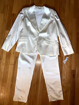 Marina Rinaldi Max Mara Y2K Crystal White Satin Pant Suit Blazer 21 12-14W NWD • $269