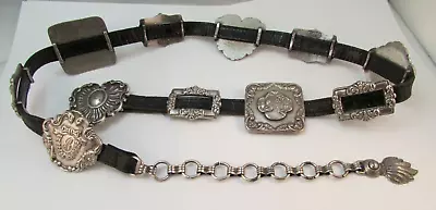 Vintage 1993 BRIGHTON Black Silver Tone Cameo Concho Belt Small 29  To 34  • $69.99