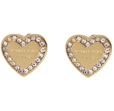 MICHAEL KORS Gold Tone Pave Crystals Heart Love Studs Earrings Gift Pouch • $28.80