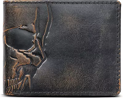 SKULL Bifold Wallet For Men | Extra Capacity Two ID Windows | Full Grain Leather • $63.55