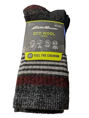 Eddie Bauer Eco Wool Crew Socks 3 Pair Men's 6-12 Shoe SizeBlack W/Gray Maroon • $16.99