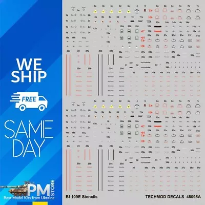 Techmod 48098 1/48 Stencils For Messerschmitt Bf 109E Aircraft Wet Decal WWII • $18.99